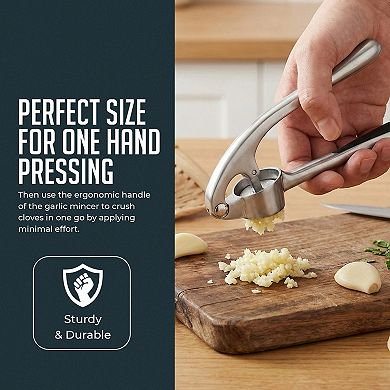 Garlic Press Set, Garlic Mincer with Silicone Peeler and Cleaning Brush, Easy Squeeze Handle