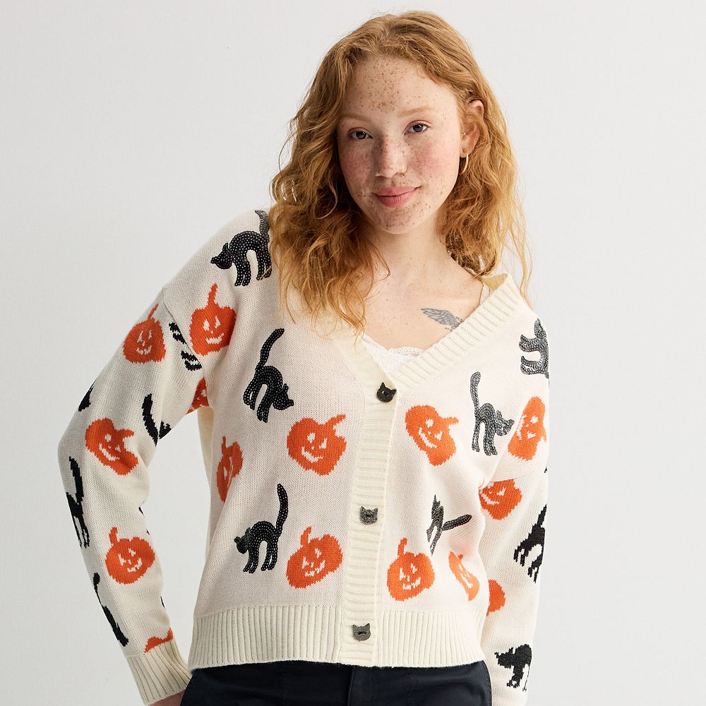 Women's Jollidays Pumpkin & Black Cat Button Front Sweater Cardigan