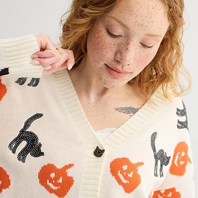 Women's Jollidays Pumpkin & Black Cat Button Front Sweater Cardigan