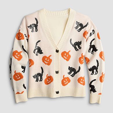 Women's Jollidays Pumpkin & Black Cat Button Front Sweater Cardigan