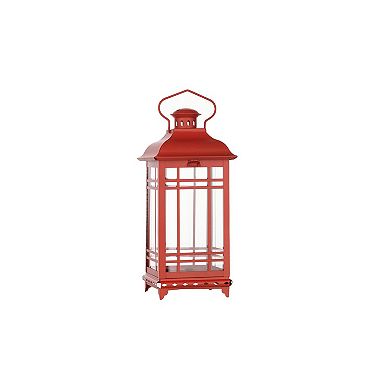 HomeRoots Set of Three Red Geometric Glass And Metal Floor Lantern Candle Holders