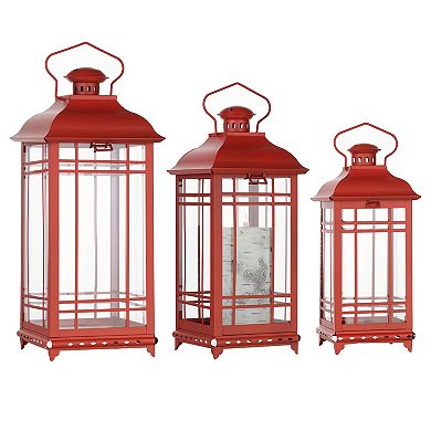 HomeRoots Set of Three Red Geometric Glass And Metal Floor Lantern Candle Holders