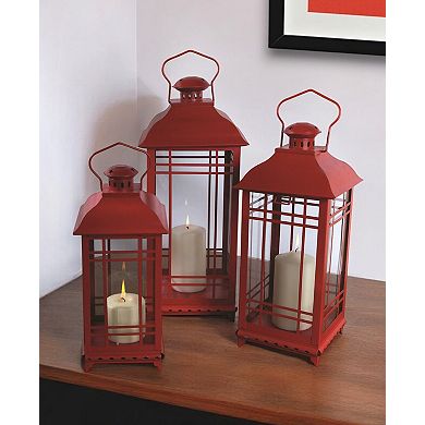 HomeRoots Set of Three Red Geometric Glass And Metal Floor Lantern Candle Holders