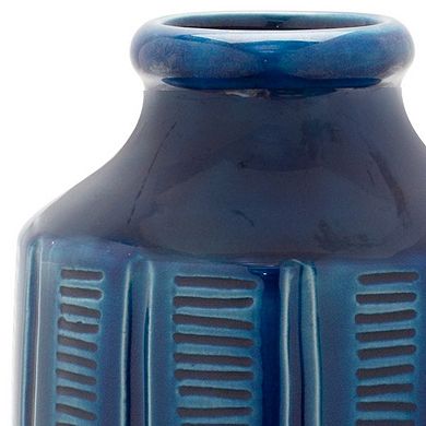 HomeRoots 11" Blue Ribbed Round Terracotta Table Vase