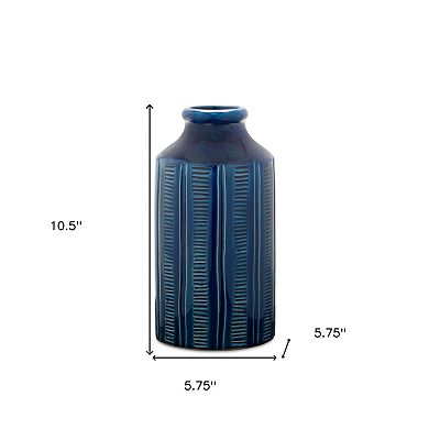HomeRoots 11" Blue Ribbed Round Terracotta Table Vase