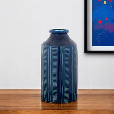 HomeRoots 11" Blue Ribbed Round Terracotta Table Vase