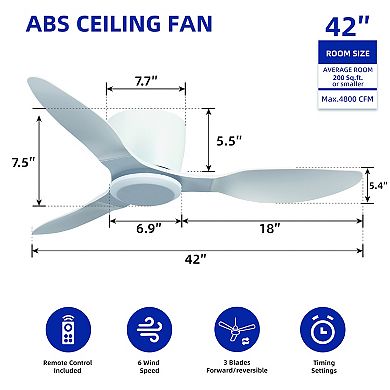 42" Modern 3 ABS Blades Flush Mount Standard Ceiling Fan with DC Motor and Remote