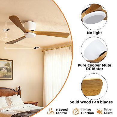 42" Modern 3 Wood Blades Flush Mount Standard Ceiling Fan with DC Motor and Remote