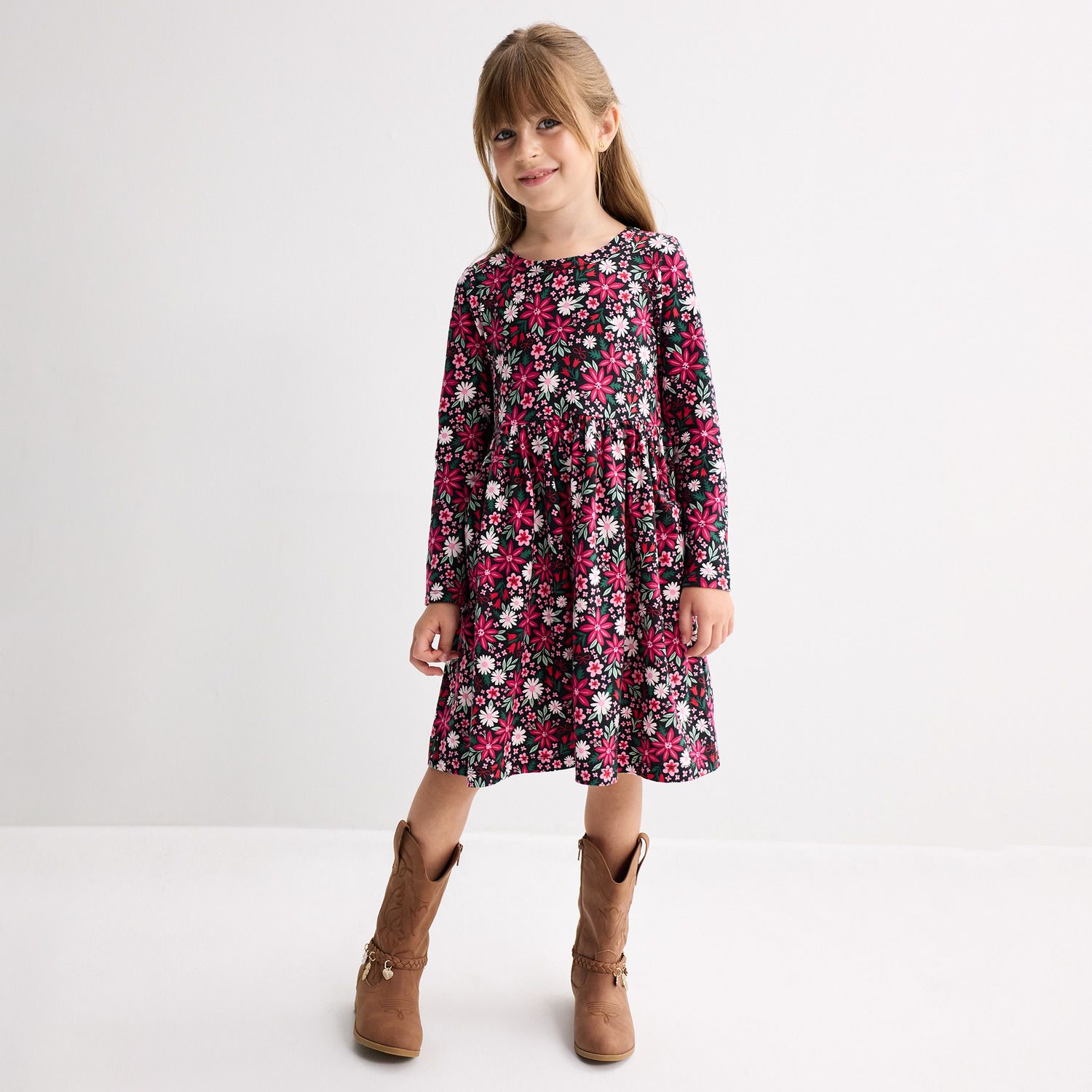 Платье Jumping Beans® Printed Long Sleeve Jersey для девочек, цвет: Чёрный с принтом — фото 1