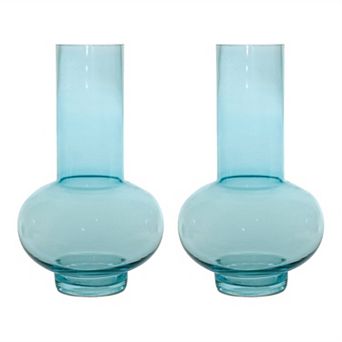Set of Two Aqua Glass Round Table Vases