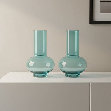 HomeRoots Set of Two Aqua Glass Round Table Vases