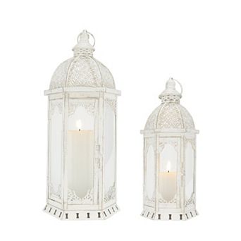 Set of Two White Distressed Ornate Metal Tabletop Lantern Candle Holders