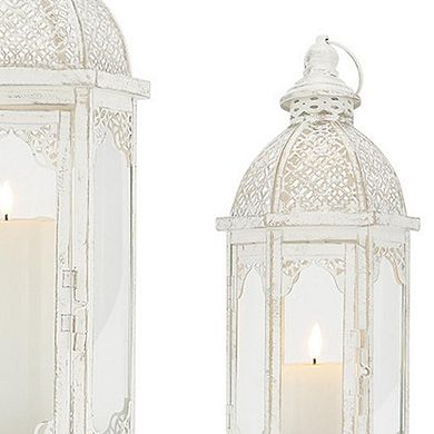 HomeRoots Set of Two White Distressed Ornate Metal Tabletop Lantern Candle Holders