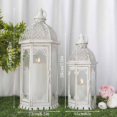 HomeRoots Set of Two White Distressed Ornate Metal Tabletop Lantern Candle Holders