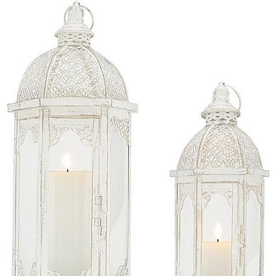 HomeRoots Set of Two White Distressed Ornate Metal Tabletop Lantern Candle Holders