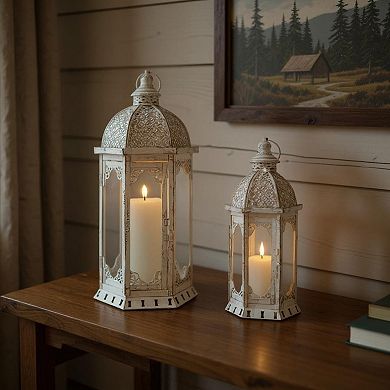 HomeRoots Set of Two White Distressed Ornate Metal Tabletop Lantern Candle Holders