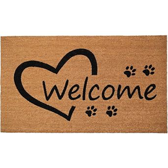 HomeRoots 17" X 29" Natural And Black Pawprint Welcome Outdoor Coir Door Mat