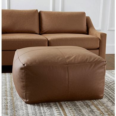HomeRoots 22" Brown Genuine Leather Pouf Ottoman