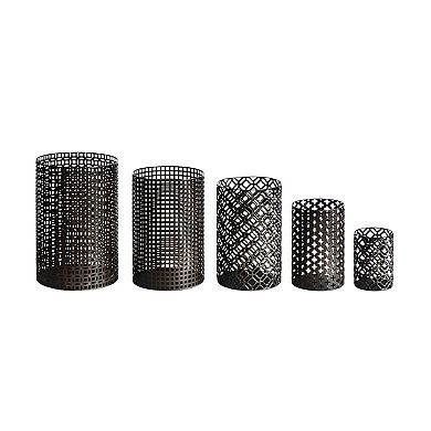 HomeRoots Set of Five Dark Brown Pierced Geometric Metal Tabletop Hurricane Candle Holders