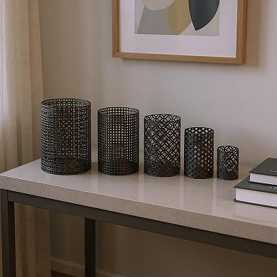 HomeRoots Set of Five Dark Brown Pierced Geometric Metal Tabletop Hurricane Candle Holders