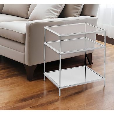 HomeRoots 27" Silver Mirrored Glass And Iron End Table With Shelf