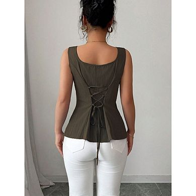Women's Square Neck Lace Up Cinched Waist Sleeveless Ruffle Blouse Solid Color Going Out Top