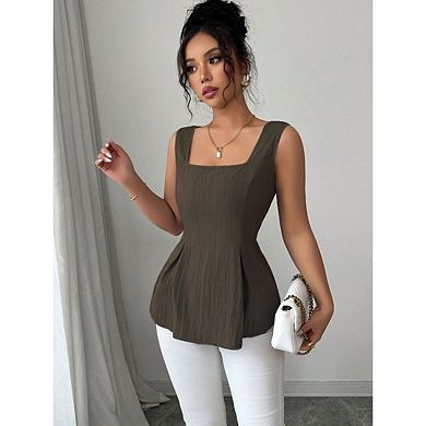 Women's Square Neck Lace Up Cinched Waist Sleeveless Ruffle Blouse Solid Color Going Out Top