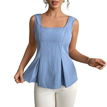 Women's Square Neck Lace Up Cinched Waist Sleeveless Ruffle Blouse Solid Color Going Out Top