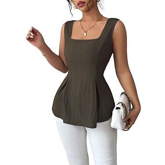 Women's Square Neck Lace Up Cinched Waist Sleeveless Ruffle Blouse Solid Color Going Out Top
