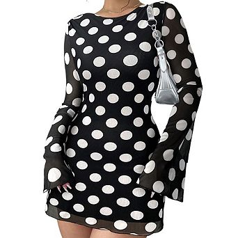 Women's High-End Large Polka Dot Long Sleeve Dress Backless Mesh Bell Sleeve Slim Fit Fashion Dress
