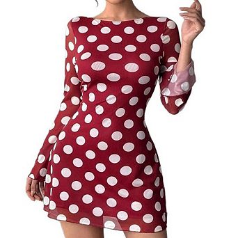 Women's High-End Large Polka Dot Long Sleeve Dress Backless Mesh Bell Sleeve Slim Fit Fashion Dress