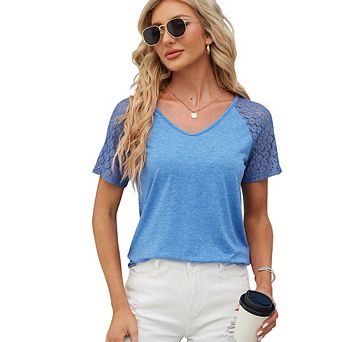Women's Loose Minimalist Casual Top Summer Mesh Patchwork Cuff Classic V-Neck Short Sleeve T-Shirt