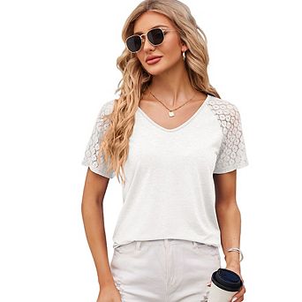 Women's Loose Minimalist Casual Top Summer Mesh Patchwork Cuff Classic V-Neck Short Sleeve T-Shirt