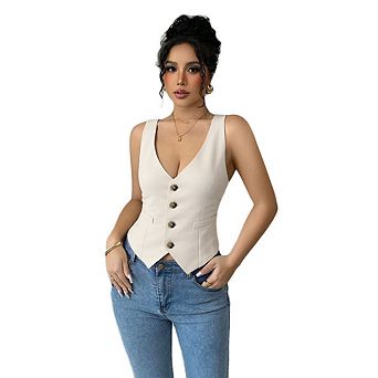 Women's Summer Button V Neck Suit Vest Crop Tops Business Casual Sleeveless Fitted Waistcoat