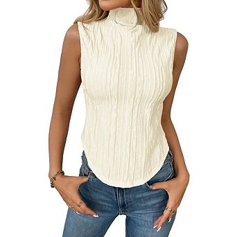 Women's Summer Mock Neck Casual Textured Tank Tops Sleeveless Ruched Blouse Fitted Elegant Shirts