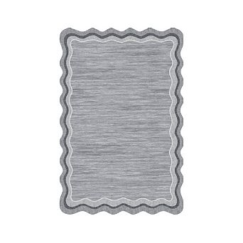 Area Rug Washable Non Slip Low Pile 5x7 ft, Grey Scalloped Wavy Edge Indoor Carpet