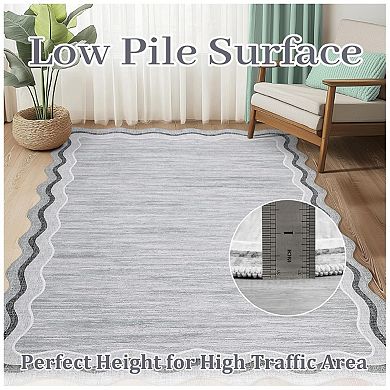Area Rug Washable Non Slip Low Pile 5x7 ft, Grey Scalloped Wavy Edge Indoor Carpet