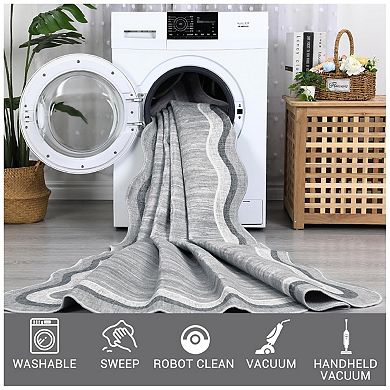 Area Rug Washable Non Slip Low Pile 5x7 ft, Grey Scalloped Wavy Edge Indoor Carpet