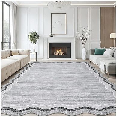Area Rug Washable Non Slip Low Pile 5x7 ft, Grey Scalloped Wavy Edge Indoor Carpet
