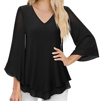 Women Casual Chiffon Blouse Classic V-Neck Double Layer Ruffled 3/4 Bell Sleeve Tie-Waist Top