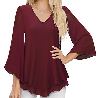 Women Casual Chiffon Blouse Classic V-Neck Double Layer Ruffled 3/4 Bell Sleeve Tie-Waist Top