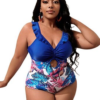 Women Plus Size One Piece Swimsuit Ruffle Bathing Suit V Neck Ruched Hollow Out Swimwear