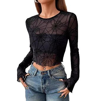 Women Mesh Long Sleeve Tops Sheer Slim Fit Cropped Wood Ear Edge Shirts Blouses Trendy Outfits