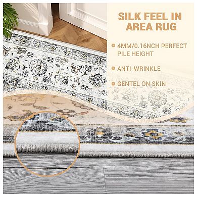 Area Rug 8x10 ft Washable Rug Light Grey, Persian Vintage Rugs, Ultra-Thin Foldable Vintage Rugs
