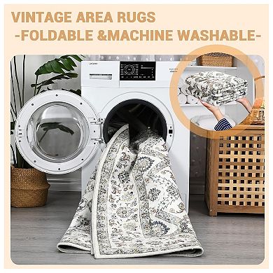 Area Rug 8x10 ft Washable Rug Light Grey, Persian Vintage Rugs, Ultra-Thin Foldable Vintage Rugs