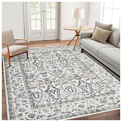 Area Rug 8x10 ft Washable Rug Light Grey, Persian Vintage Rugs, Ultra-Thin Foldable Vintage Rugs
