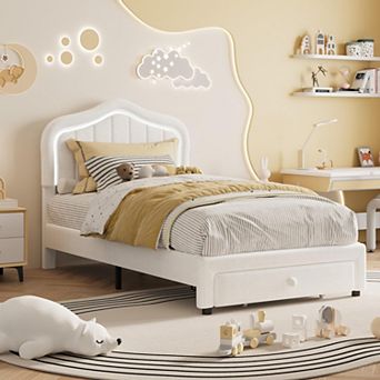 Twin Upholstered Bed Frame with Storage Drawer and Smart Led Headboard