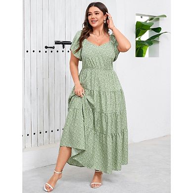 Plus Size Casual Boheo Printed Pleated Maxi Dress V-Neck Four Layered Patchwork Ruffled Maxi Dress