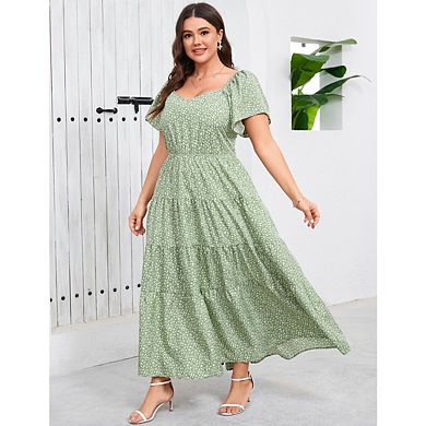 Plus Size Casual Boheo Printed Pleated Maxi Dress V-Neck Four Layered Patchwork Ruffled Maxi Dress