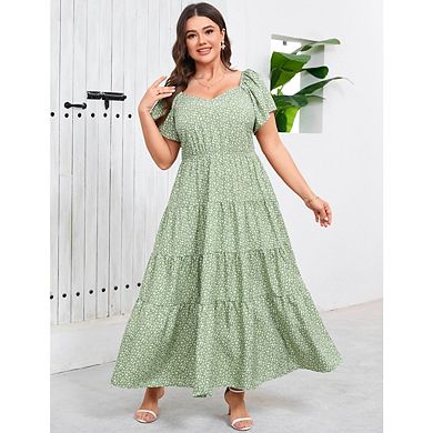 Plus Size Casual Boheo Printed Pleated Maxi Dress V-Neck Four Layered Patchwork Ruffled Maxi Dress